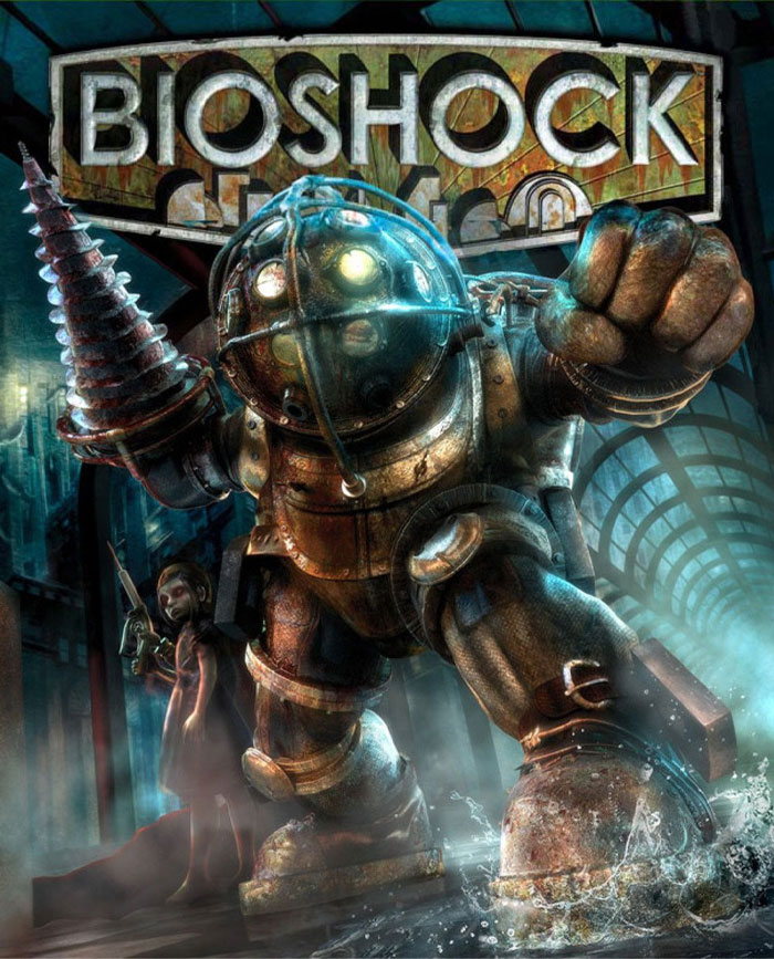 Character from Bioshock holding a large drill arm, representing iconic video games that changed the history of gaming.