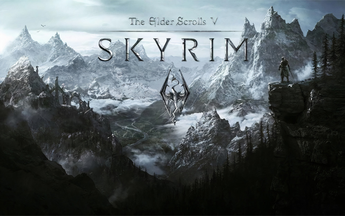 Skyrim title screen featuring mountains and a lone character, representing video games that changed gaming history.