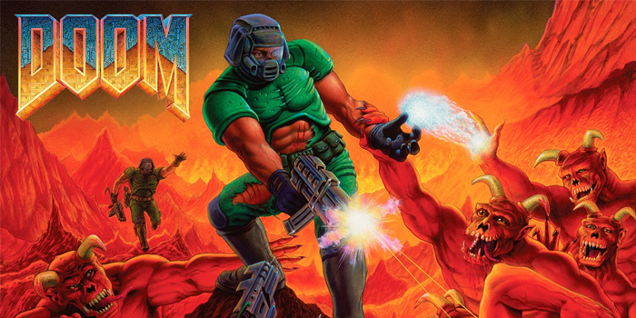 Doom character in green armor fighting demonic creatures in a fiery landscape, representing iconic video games that shaped gaming history.