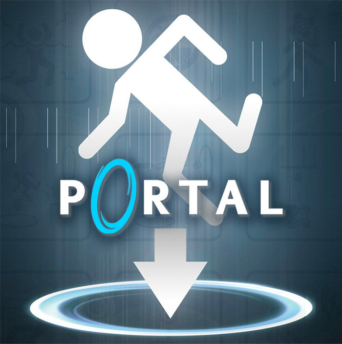 Image showing the iconic Portal game logo with a stick figure falling through a glowing portal, symbolizing video games history.