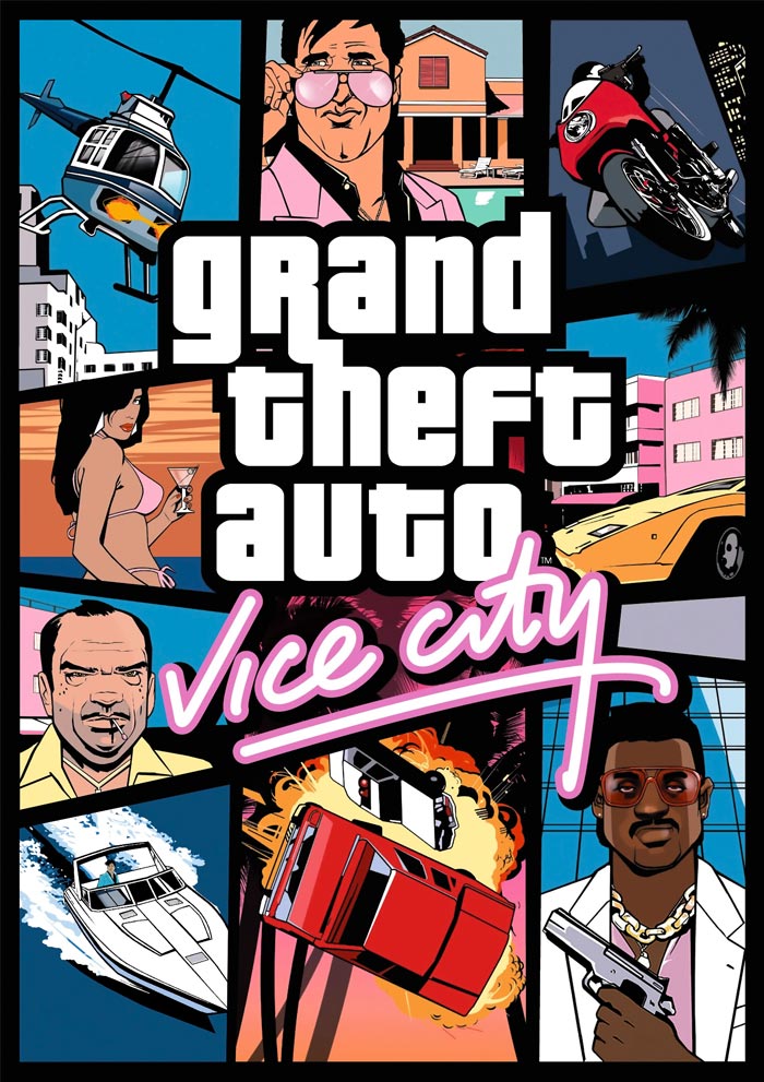 Cover art of Grand Theft Auto Vice City featuring characters, vehicles, and action scenes in classic video games that changed gaming history.