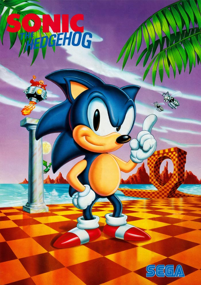 Sonic the Hedgehog standing on a checkered platform with palm trees and a loop in a classic video game setting.