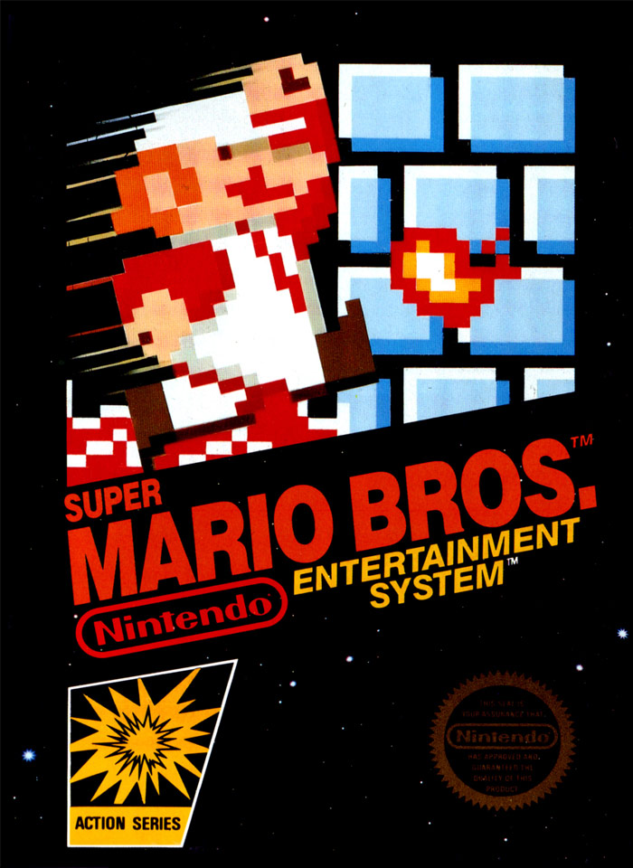 Pixelated Mario character jumping and fireball with Nintendo logo on classic video games history artwork.