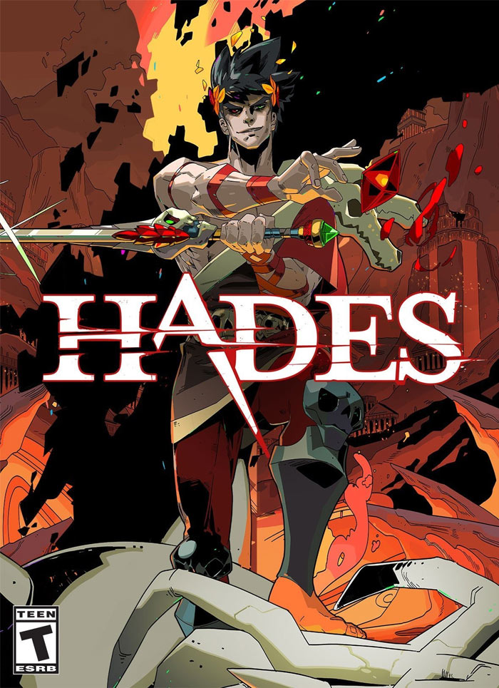 Hades video game cover art featuring a heroic character wielding a spear in a fiery, mythological setting.