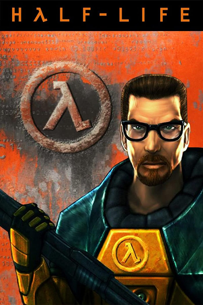 Half-Life character in iconic suit holding a weapon with game logo, representing video games that changed gaming history.