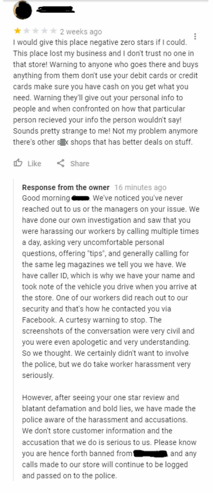 1 Star Review After Asked To Stop Harassing Workers