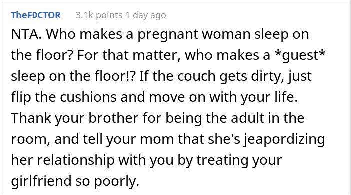 Guy Is Furious After His Mother Makes His Pregnant Girlfriend Sleep On The Floor And Keeps Checking On Her So She Doesn't Dare To Sleep On The Couch Guy Is Furious After His Mother Makes His Pregnant Girlfriend Sleep On The Floor And Keeps Checking On Her So She Doesn't Dare To Sleep On The Couch