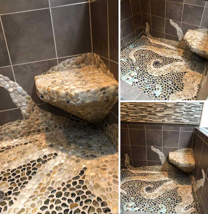 Mi esposo construyó la ducha y añadimos un pulpo a partir de las piedras que teníamos por ahí. Aunque también compramos algunos azulejos