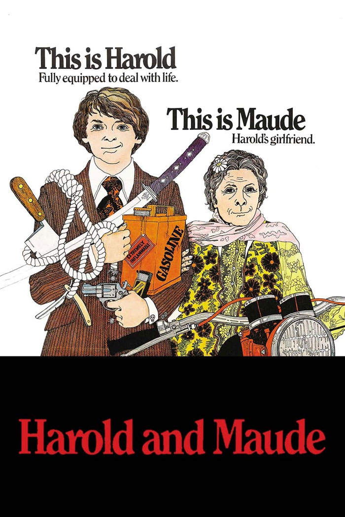 Illustration of Harold and Maude characters with weapons and gasoline, representing a classic dark comedy movie scene.