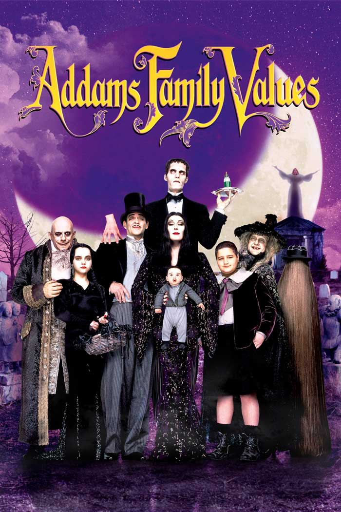 Addams Family characters standing together in a spooky setting, representing dark comedy movies with a twisted laugh theme.