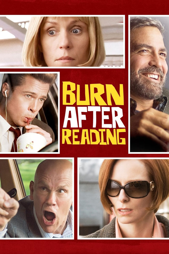 Collage of actors in Burn After Reading, a popular dark comedy movie known for its twisted humor and quirky characters.