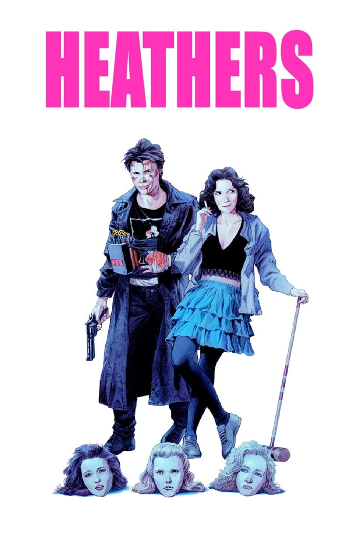 Illustrated poster of dark comedy movie Heathers featuring characters with a gun, mallet, and severed heads, perfect for twisted laughs.