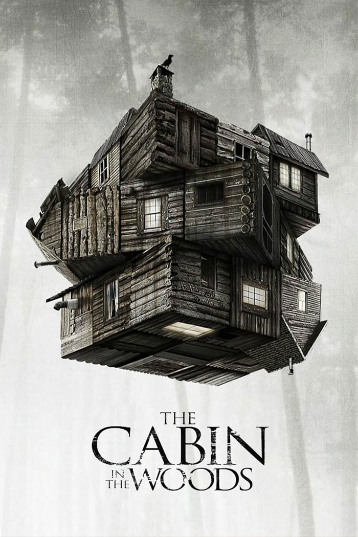 The Cabin in the Woods movie poster with a surreal upside-down wooden cabin for dark comedy movies SEO.
