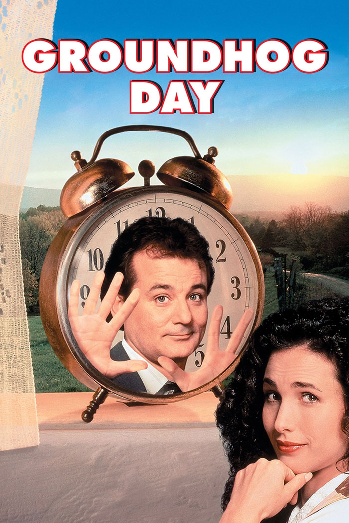 Image of Groundhog Day movie poster featuring a man inside a clock and a woman smiling outdoors, representing dark comedy movies.