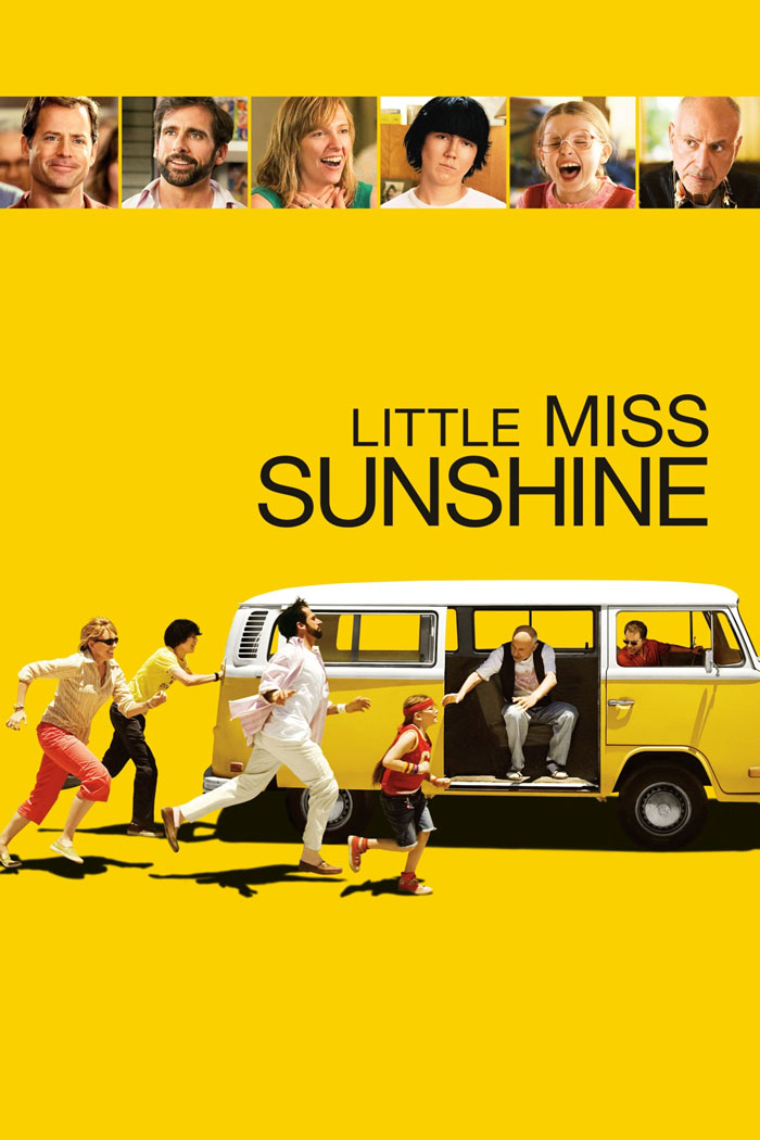 Poster of dark comedy movie Little Miss Sunshine with characters running toward a yellow van, highlighting dark comedy movies.