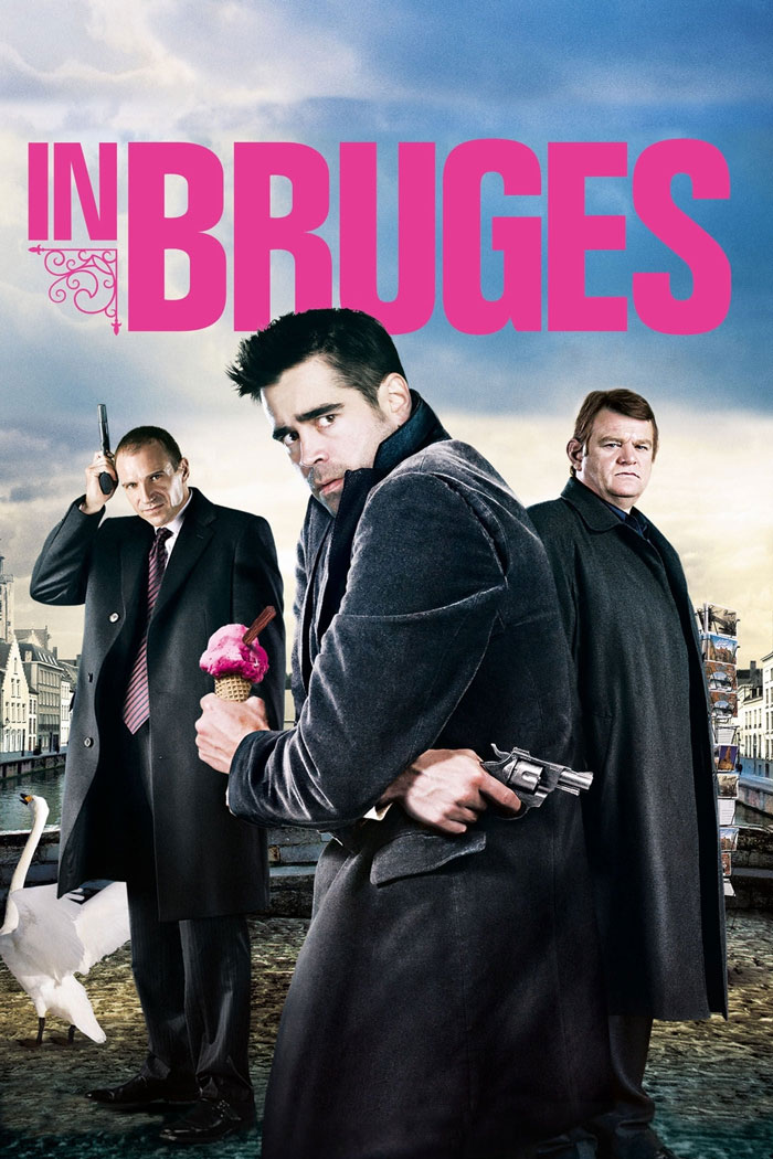 Poster of the dark comedy movie In Bruges featuring three men in coats holding guns and an ice cream cone.