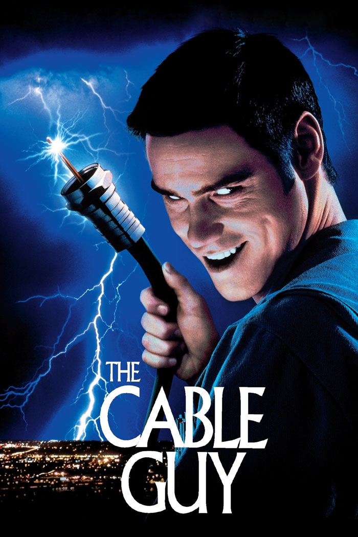Image of a man holding an electrified cable with lightning in the background, representing dark comedy movies.