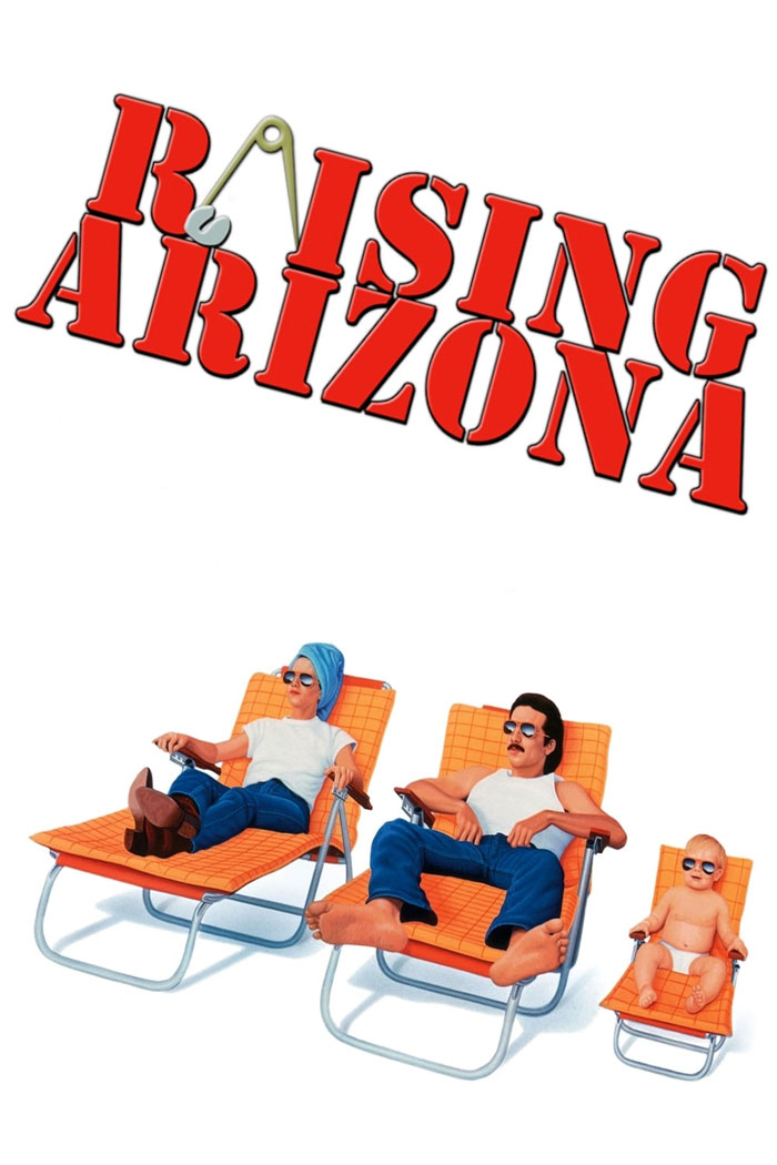 Raising Arizona movie poster featuring three people lounging on orange chairs, representing dark comedy movies.