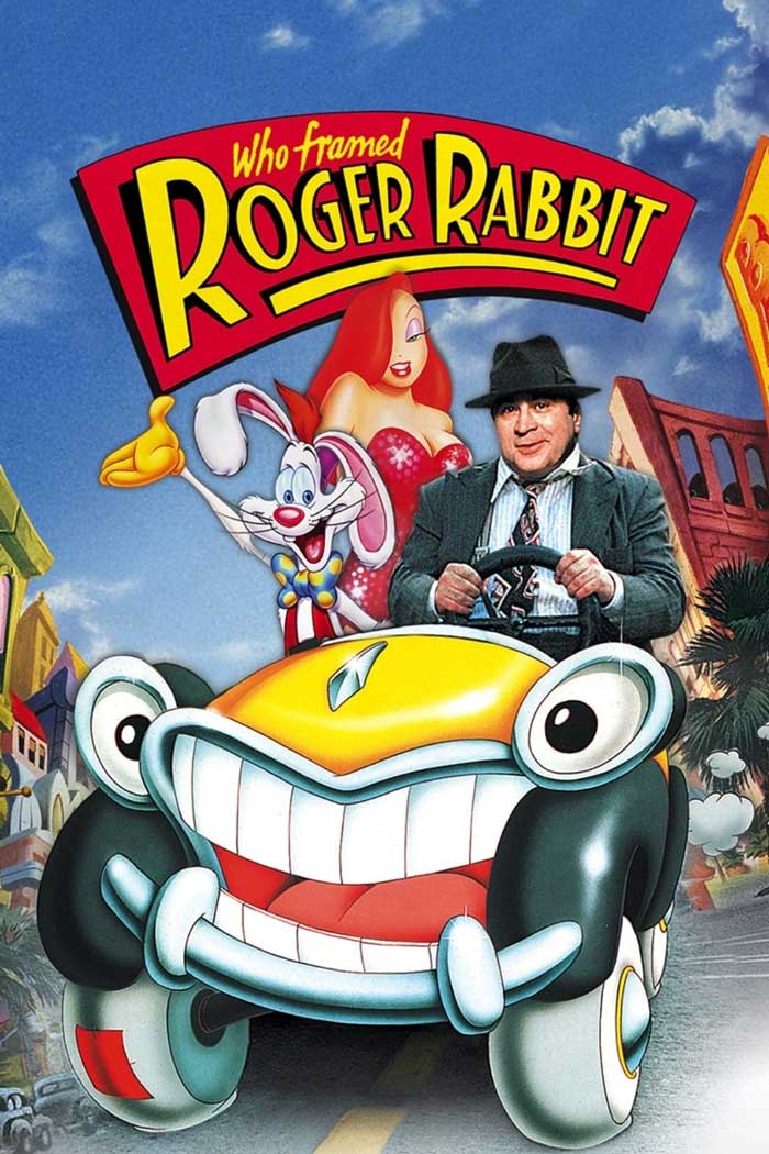 Who Framed Roger Rabbit characters in a cartoon car, a classic dark comedy movie scene for twisted laughs.