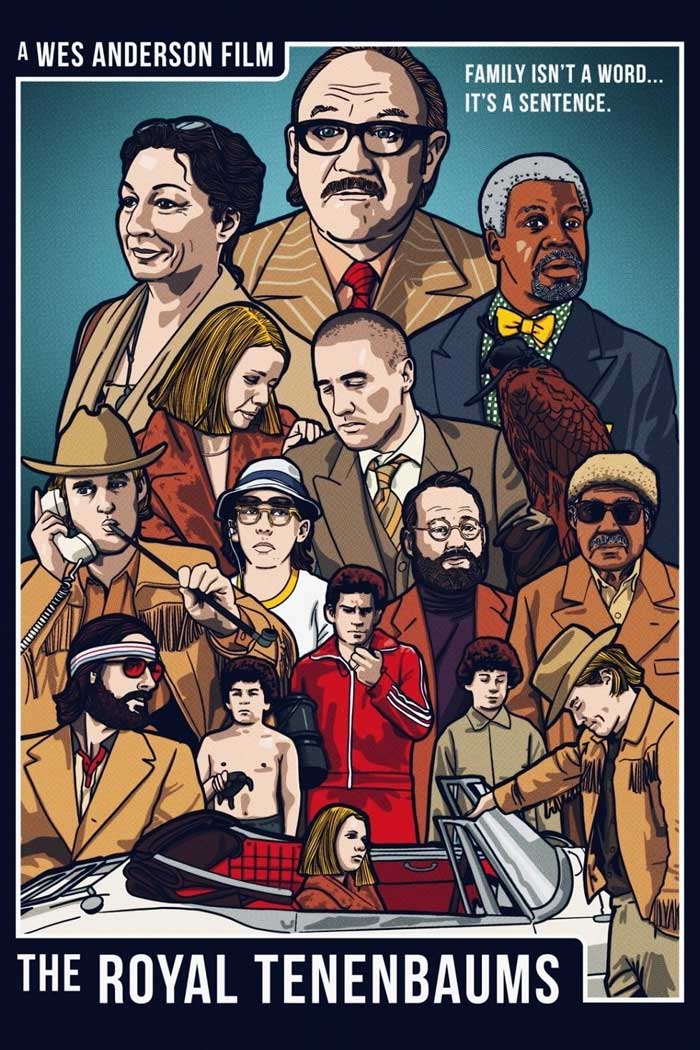 Illustration of The Royal Tenenbaums cast, a key dark comedy movie featuring quirky characters and twisted humor scenes.