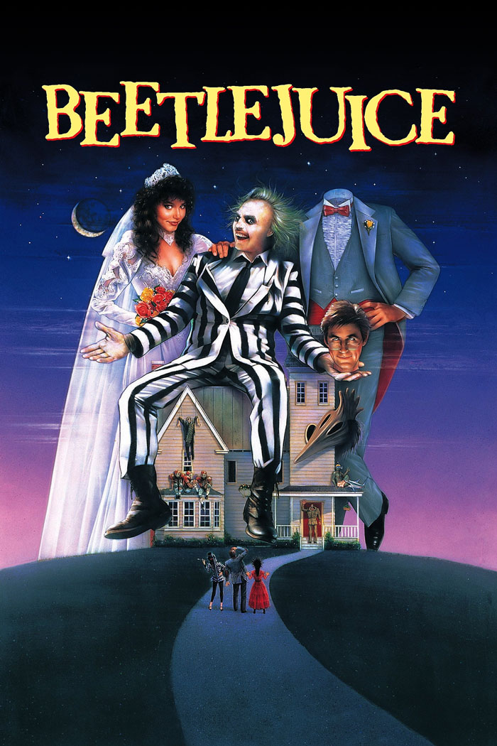 Beetlejuice character in striped suit with headless man and bride, iconic dark comedy movie poster for twisted laughs.