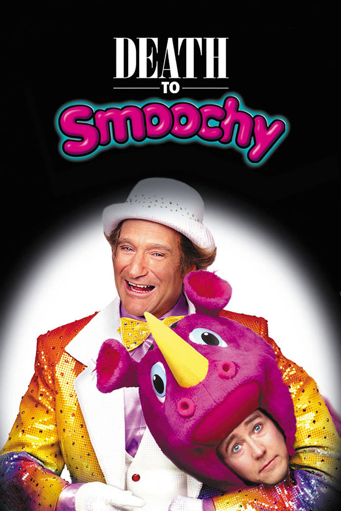 Poster of dark comedy movie Death to Smoochy featuring colorful costumes and twisted humor for dark comedy movies fans.