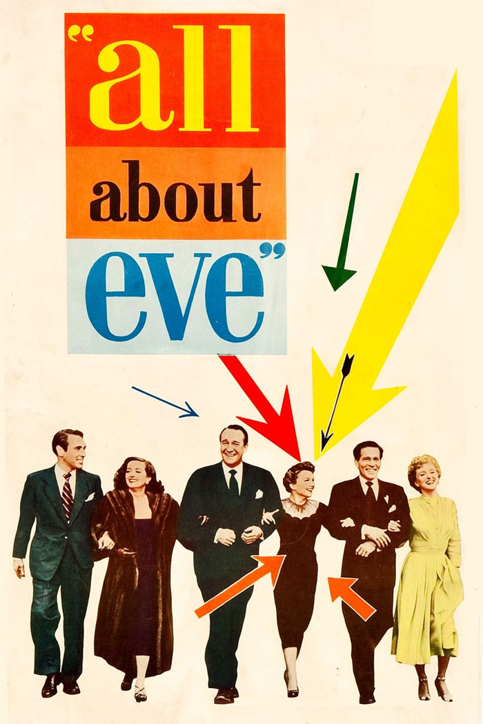 Vintage movie poster showing six people in formal attire with colorful arrows pointing at three, representing dark comedy movies.