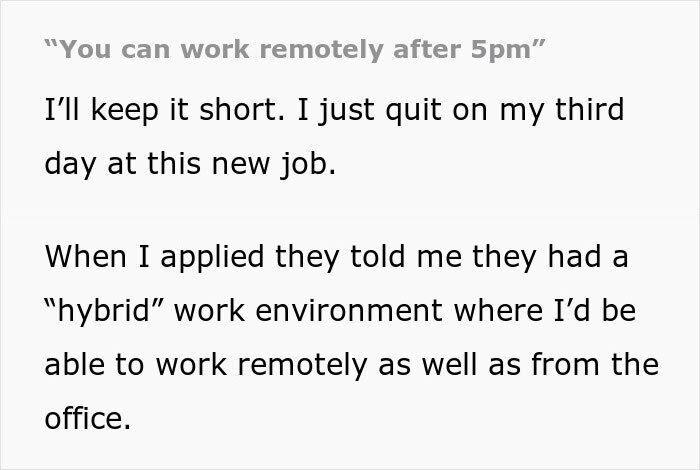 Person Quits After 3 Days Of Work After They Realized The Hybrid Work Model Was A Lie Person Quits After 3 Days Of Work After They Realized The Hybrid Work Model Was A Lie