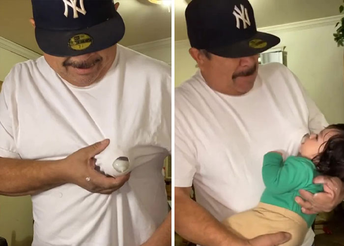 People Are Loving This Grandad’s Idea Of Faking Breastfeeding When The Baby Refuses To Drink Out Of The Bottle
