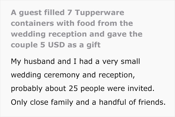 "Who The Hell Does This?": Bride Is Flabbergasted To Discover A Wedding Guest Took 10 Containers Of Food From The Wedding And Left A $5 Gift