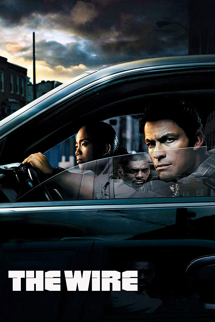 Promo poster of HBO TV show "The Wire" featuring characters in a car.