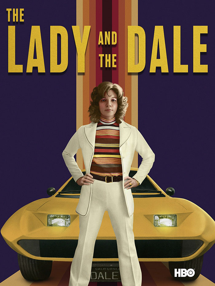 "The Lady and the Dale HBO poster featuring a person in a white suit standing in front of a yellow car."