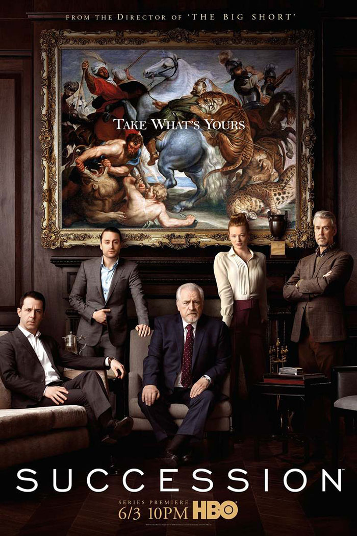 Cast of an HBO TV show in formal attire in front of a dramatic artwork, highlighting intense family dynamics.