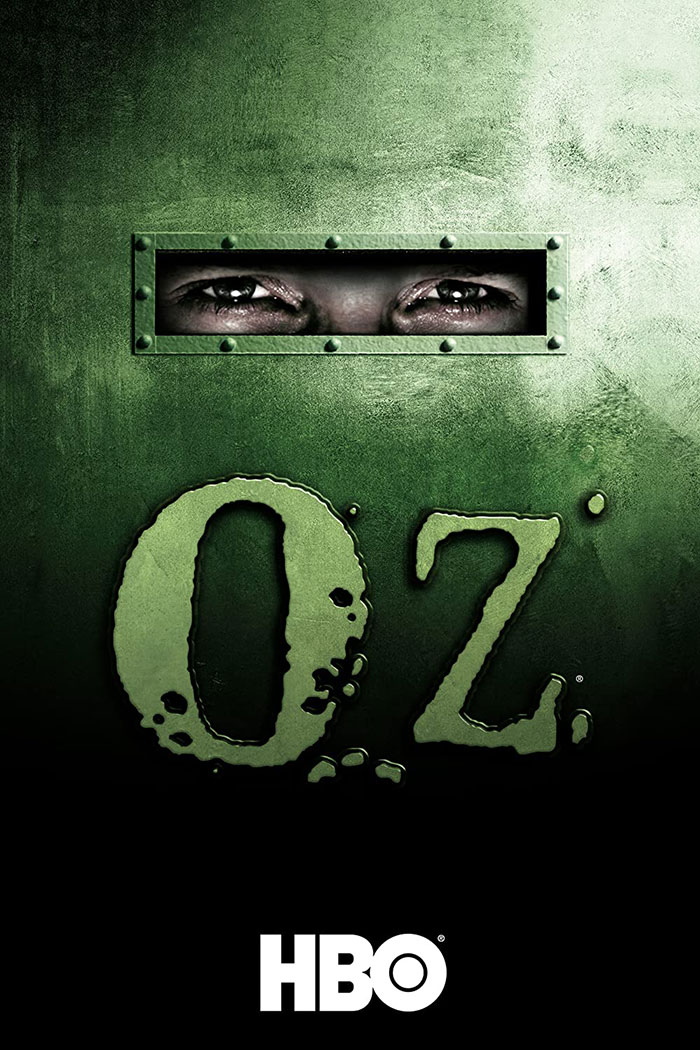 "Oz HBO poster with intense eyes peering through a cell door slot, highlighting one of the best TV shows."