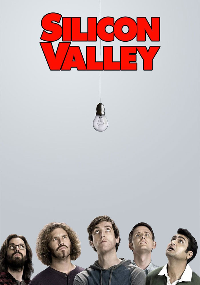 "Silicon Valley cast looking up at a lightbulb, featuring main characters from popular HBO TV show."