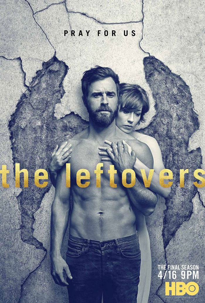 Man and woman embrace against a c*****d wall with "The Leftovers" text; HBO TV show.