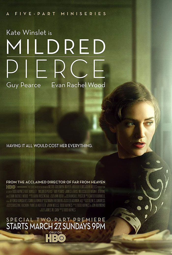 Kate Winslet as Mildred Pierce, an HBO TV show poster, depicting a dramatic scene.