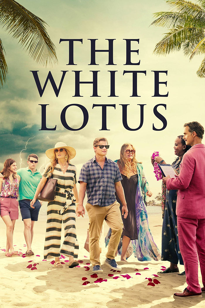 "'The White Lotus' HBO show poster with cast on a beach setting under palm trees."