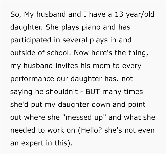 MIL Keeps Criticizing Daughter’s Performances Right To Her Face, Family Drama Ensues When Mom Tells Husband To Stop Inviting Her MIL Keeps Criticizing Daughter’s Performances Right To Her Face, Family Drama Ensues When Mom Tells Husband To Stop Inviting Her