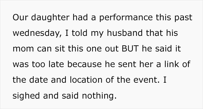 MIL Keeps Criticizing Daughter’s Performances Right To Her Face, Family Drama Ensues When Mom Tells Husband To Stop Inviting Her MIL Keeps Criticizing Daughter’s Performances Right To Her Face, Family Drama Ensues When Mom Tells Husband To Stop Inviting Her