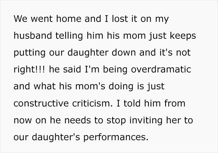 MIL Keeps Criticizing Daughter’s Performances Right To Her Face, Family Drama Ensues When Mom Tells Husband To Stop Inviting Her MIL Keeps Criticizing Daughter’s Performances Right To Her Face, Family Drama Ensues When Mom Tells Husband To Stop Inviting Her