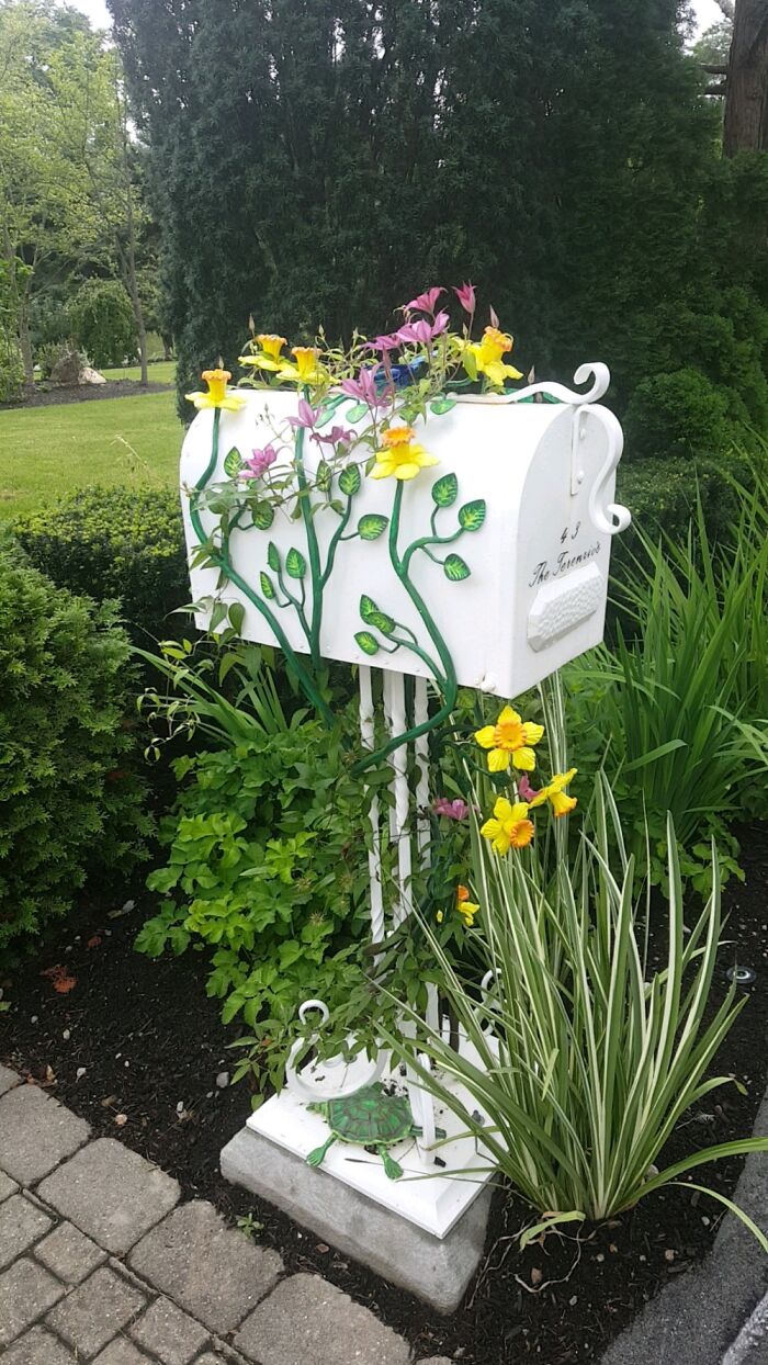 A White Steel Mailbox (Didn’t Make) I Faux Painted For A Client. The Pink Flowers Are Real.