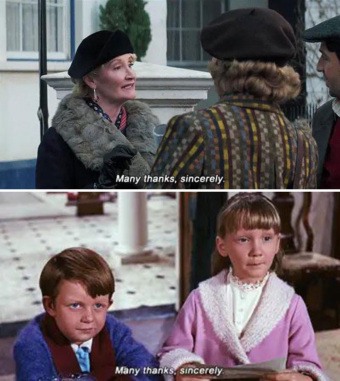 In Mary Poppins Returns (2019) The Character Of Jane Runs Into A Woman Asking For Directions. The Woman (Played By Karen Dotrice) Eventually Uses The Line ‘Many Thanks Sincerely’ Referencing Her Line As Jane In The Original 1964 Movie, Mary Poppins