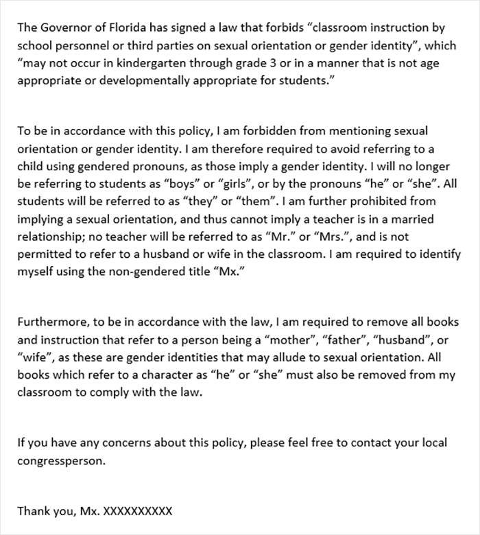 Florida’s “Don’t Say Gay” Law Deems Teaching Gender Identity To Kids Below Grade 3 Inappropriate, Gets A Satirical Letter Response
