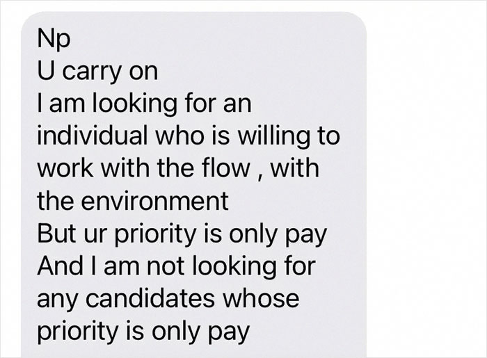 "Your Priority Is Only Pay": New Hire Asks About Pay, Manager Tells Him To Not Come In "Your Priority Is Only Pay": New Hire Asks About Pay, Manager Tells Him To Not Come In