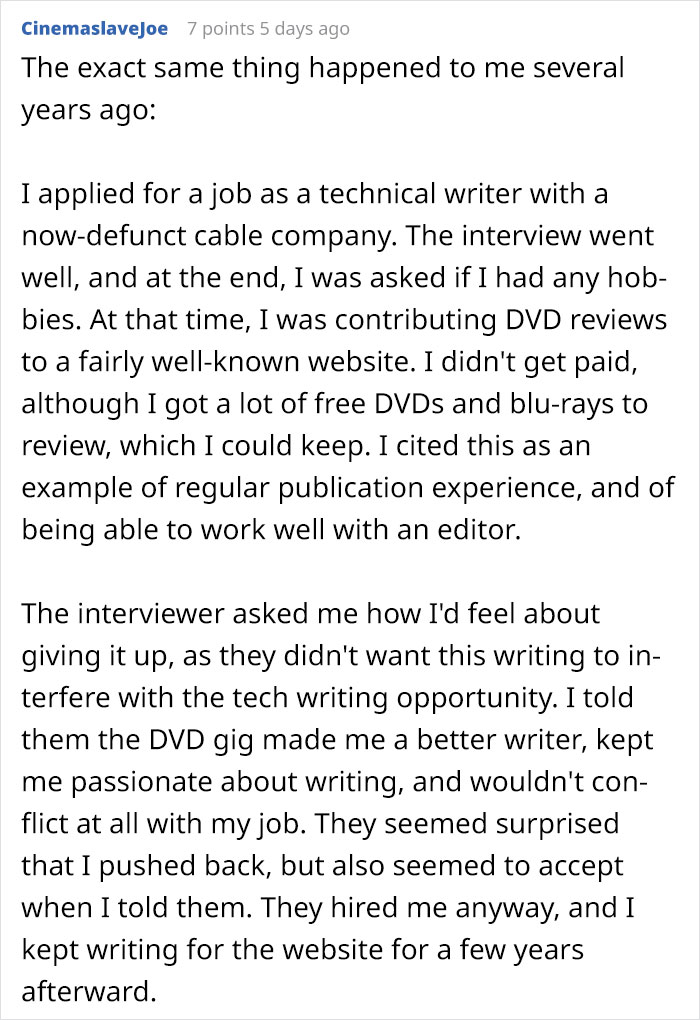 Man Shares How He Was Rejected From An Exciting Job Position Because He Wasn't Willing To Give Up His Favorite Hobby Man Shares How He Was Rejected From An Exciting Job Position Because He Wasn't Willing To Give Up His Favorite Hobby