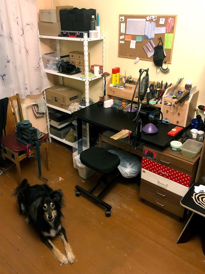 This Is Where I Make Jewelry. It Usually Looks Way Less Orderly. Bonus: My Four-Legged Assistant