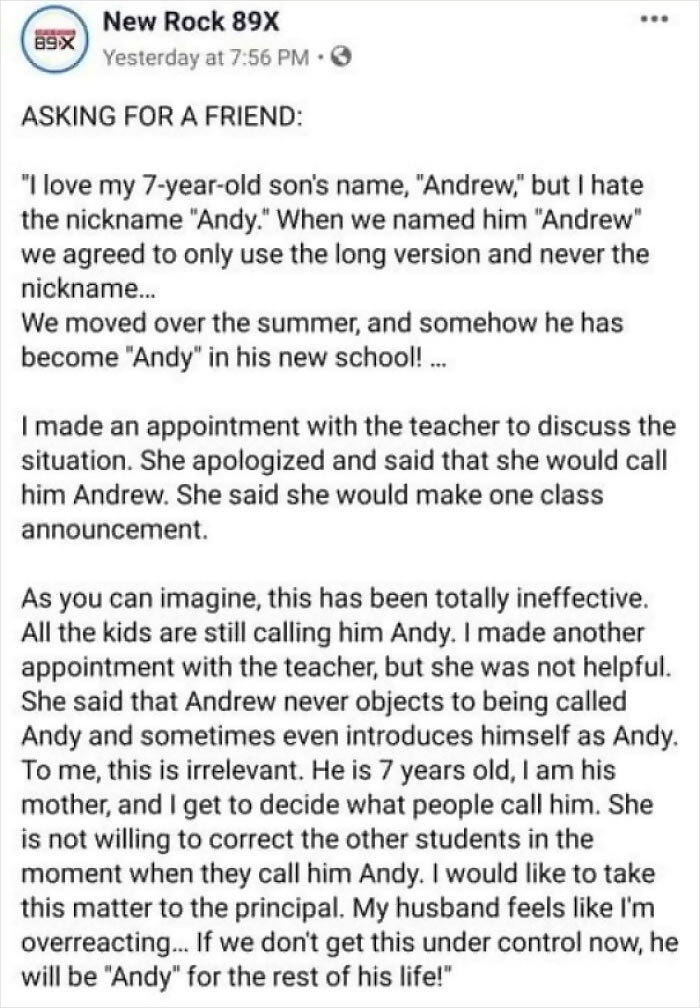 I Want My 7 Year Old Child To Be Called Andrew Not Andy