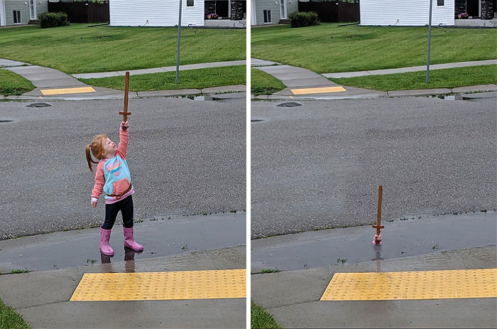 Little Girl Holding Up Sword In A Puddle