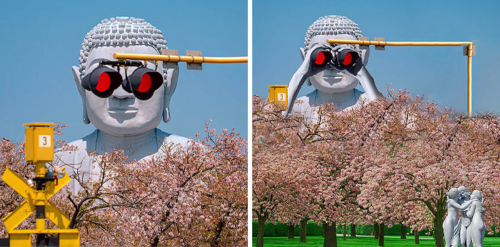 Estatua de Buda en un cruce de ferrocarril